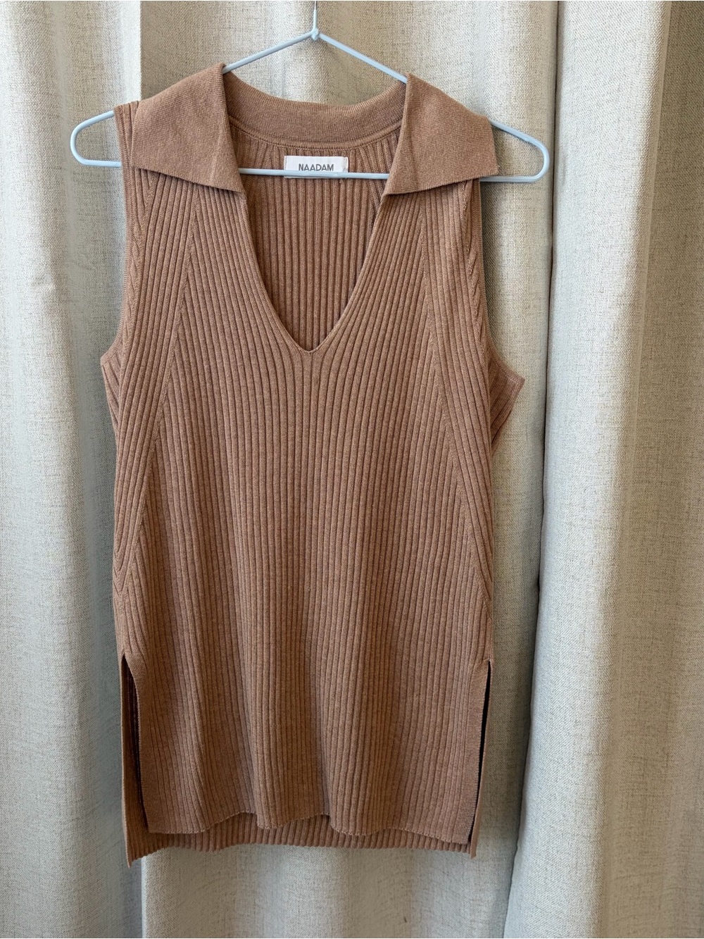NAADAM Ribbed Sleeveless Polo Tank Top in Camel Brown